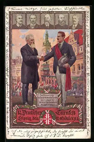 Künstler-AK Leipzig, 12. Deutsches Turnfest Juli 1913, Herren mit handschlag am Rathaus