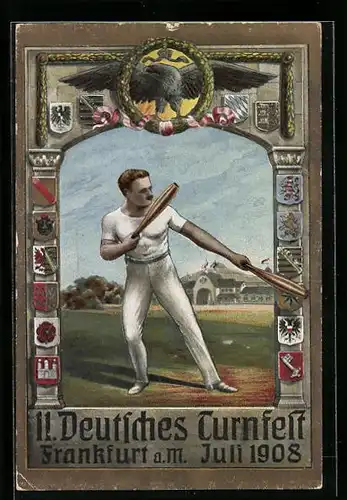 Künstler-AK Frankfurt am Main, 11. Deutsches Turnfest Juli 1908, Turner mit Keulen