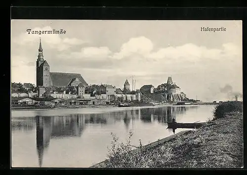 AK Tangermünde, Hafenpartie mit Stadtpanorama