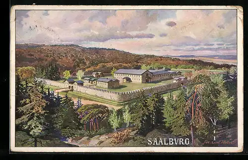 Künstler-AK Bad Homburg vor der Höhe, Kastell Saalburg, Gesamtansicht im Wald
