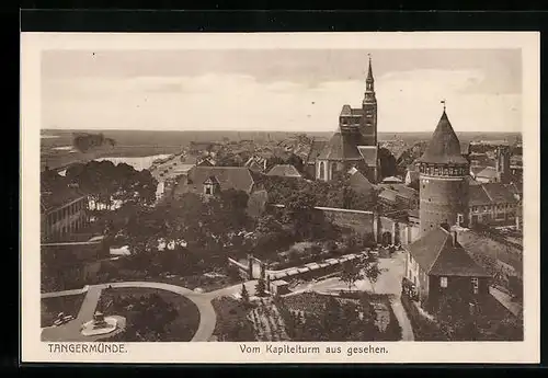 AK Tangermünde, Stadtansicht mit Park vom Kapitelturm aus gesehen