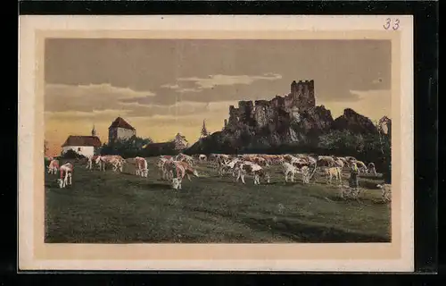 AK Weissenstein bei Regen, Kühe auf der Weide, Blick zur Burgruine