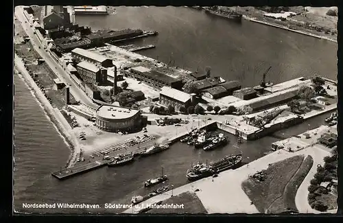 AK Wilhelmshaven, Blick auf die Hafeneinfahrt und den Südstrand, Fliegeraufnahme