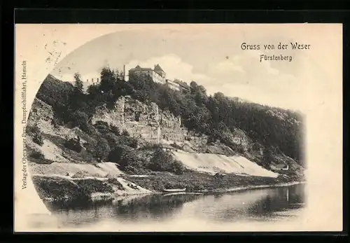 AK Fürstenberg an der Weser, Blick vom Flussufer hinauf zum Schloss