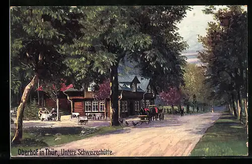 Künstler-AK Oberhof i. Thür., Kutsche vor der Unteren Schweizerhütte