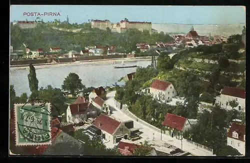 AK Posta-Pirna, Blick über die gesamte Stadt zum Schloss