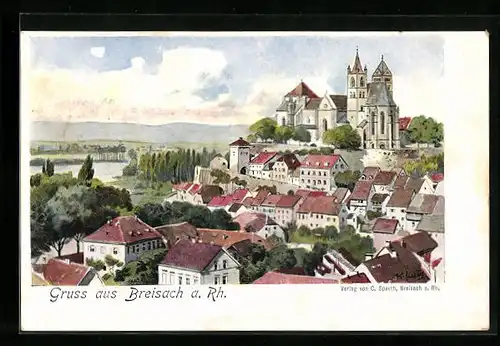 Künstler-AK Breisach a. Rh., Generalansicht mit Blick zur Kirche