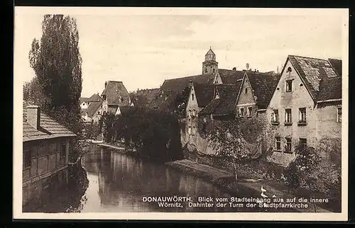 AK Donauwörth, Blick vom Stadteingang aus auf die innere Wörnitz, dahinter der Turm der Stadtpfarrkirche