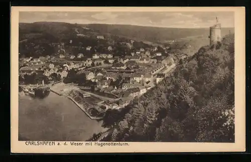 AK Carlshafen a. d. Weser, Generalansicht mit dem Hugenottenturm