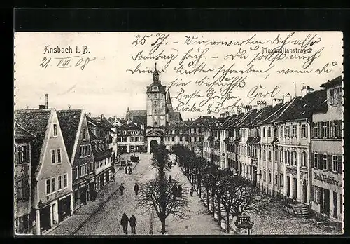 AK Ansbach in B., Blick auf das Tor am Ende der Maximilianstrasse