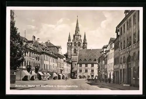 AK Ansbach, Markt mit Stadthaus und Gumbertuskirche