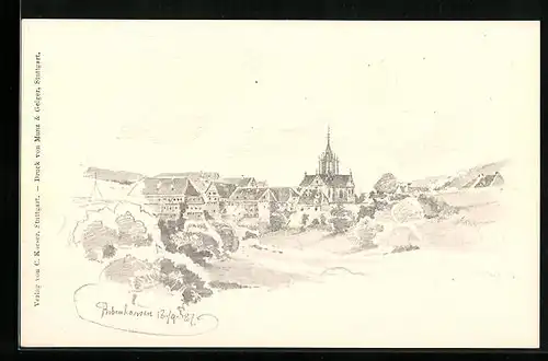 Künstler-AK Bebenhausen, Ortstotale mit der Kirche