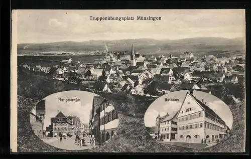 AK Münsingen, Generalansicht des Truppenübungsplatz, Blick in die Hauptstrasse und auf das Rathaus