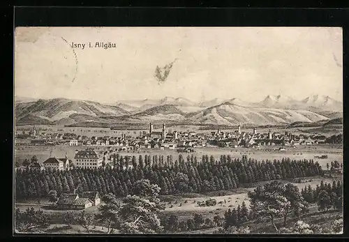 Künstler-AK Isny im Allgäu, Panoramaansicht der Stadt, Gebirgspanorama