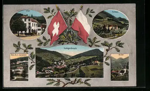 AK Langenbruck, Hotel Post, Obere Au mit Sanatorium, Kirche