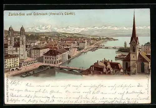 Lithographie Zürich, Gesamtansicht mit Zürich-See und Glärnisch