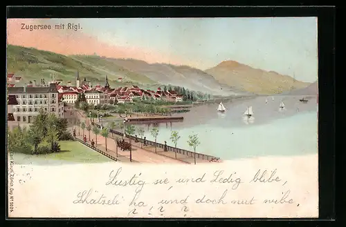 Lithographie Zug, Künzli Nr. 5024, Zugersee mit Rigi, Berg mit Gesicht / Berggesichter
