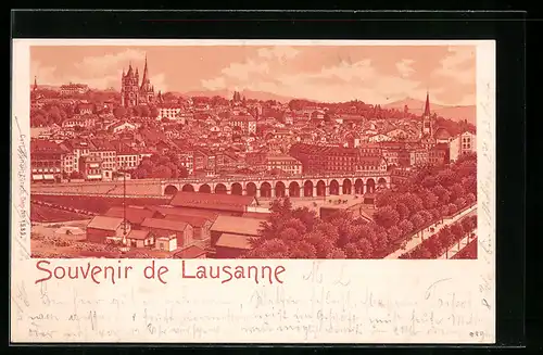 Lithographie Lausanne, Ortsansicht mit Viadukt aus der Vogelschau