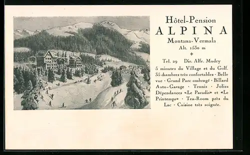 AK Montana-Vermala, Hotel-Pension Alpina A. Mudry im Winter aus der Vogelschau