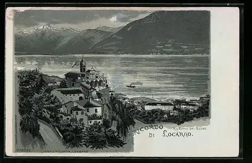Mondschein-Lithographie Locarno, Ortsansicht mit Blick auf den See
