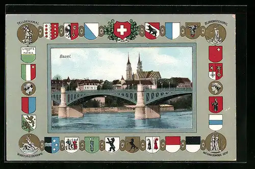 Passepartout-AK Basel, Teilansicht mit Brücke, Wappen, Denkmals-Münzen