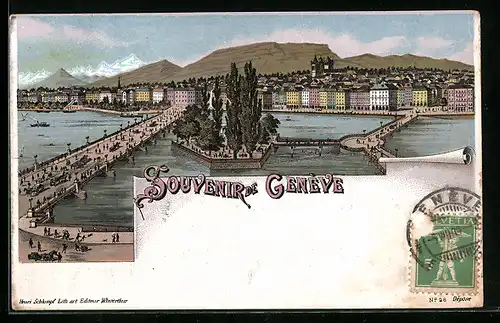 Lithographie Genève, Totalansicht mit Genfer See