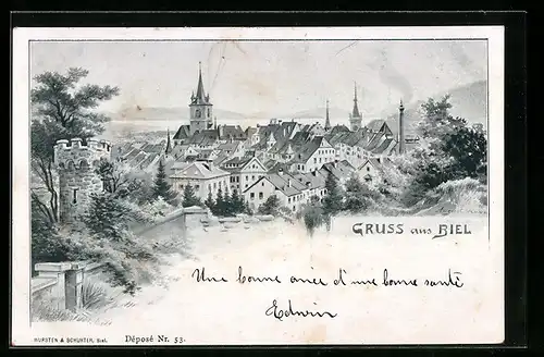 Lithographie Biel / Bienne, Ortsansicht mit Schlossturm