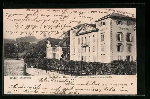 AK Baden, Freihof und Hotel Schiff an der Limmat-Promenade