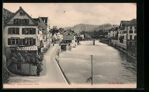 AK Ennet-Baden, Flusspartie mit Cafe Jura, Brücke und Strasse