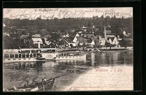 AK Wehlen a. d. Elbe, Flusspartie mit Dampfer