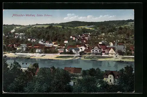 AK Pötzscha-Wehlen (Sächs. Schweiz), Ortsansicht aus der Ferne mit Blick auf die Landschaft