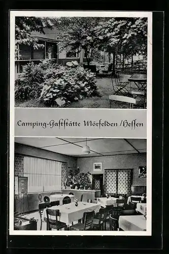 AK Mörfelden /Hessen, Camping-Gaststätte R. Arndt, Innenansicht und Garten