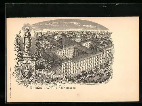 Lithographie Berlin-Kreuzberg, Institut der Ursulinerinnen in der Lindenstrasse aus der Vogelschau, St. Ursula