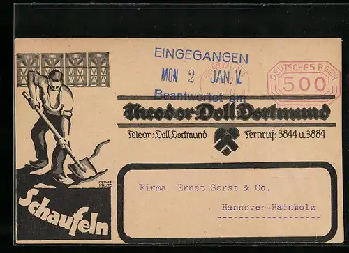 AK Dortmund, Firma Theodor Doll, Werbekarte, Arbeiter mit Schaufel