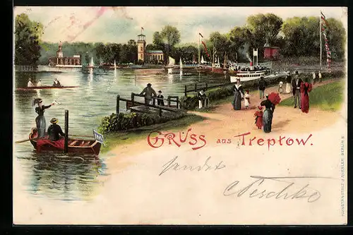 Lithographie Berlin-Treptow, Partie am Wasser mit Dampfer und Ruderbooten