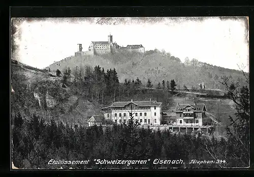 AK Eisenach, das Etablissement Schweizergarten, Partie im Wald mit Blick zum Schloss
