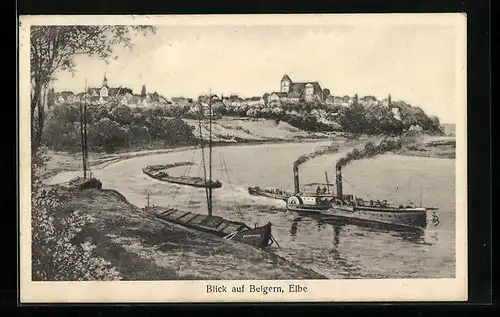 AK Belgern an der Elbe, ein Dampfer vor der Stadt