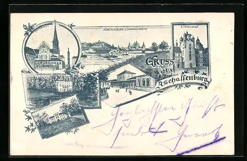 AK Aschaffenburg, Schlosshof, Stiftskirche