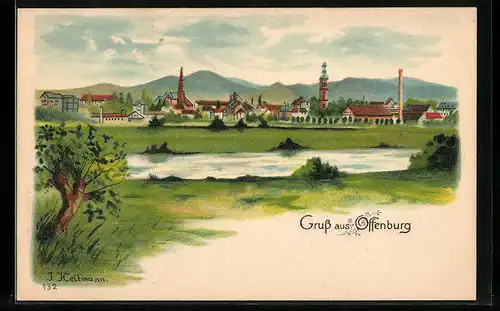 Lithographie Offenburg, Blick zum Ort