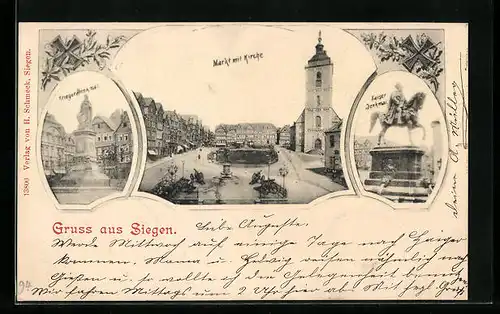 AK Siegen, Markt mit Kirche, Kriegerdenkmal