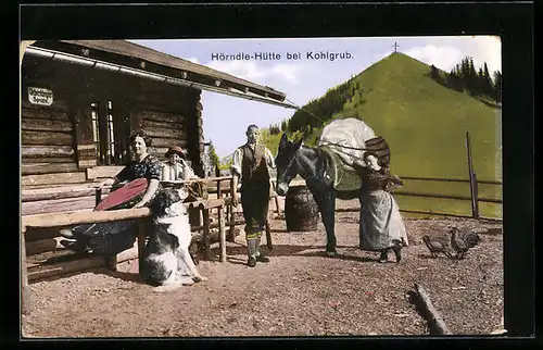 AK Kohlgrub, Gasthaus Hörndle-Hütte mit Besitzerfamilie, Hund und Esel