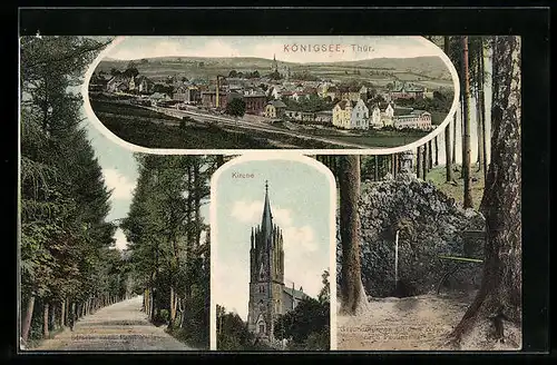 AK Königsee /Thür., Ortsansicht aus der Ferne mit Blick auf die Kirche, Gesundbrunnen