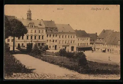 AK Stolpen i. Sa., Markt mit Rathaus und Apotheke