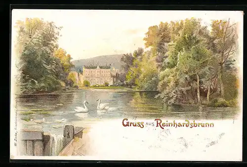 Lithographie Reinhardsbrunn, Schlossansicht mit Schwänen