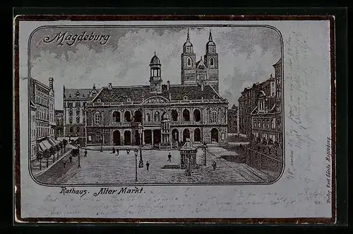 Künstler-AK Magdeburg, Rathaus und Alter Markt