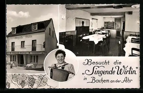 AK Bachem /Ahr, Gasthaus Singende Wirtin B. Heinen, Wirtin mit Akkordeon