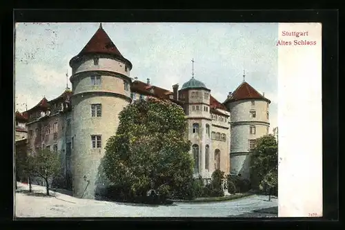 AK Stuttgart, Altes Schloss mit Strassenpartie