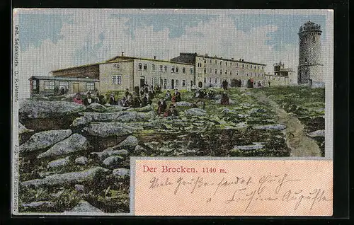 Seiden-Imitations-AK Goslar, Wanderer vor dem Brocken-Hotel