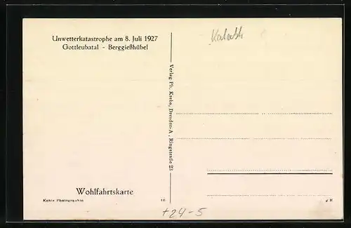 AK Berggiesshübel, Unwetterkatastrophe am 8. Juli 1927, zerstörte Strassenpartie, Hochwasser