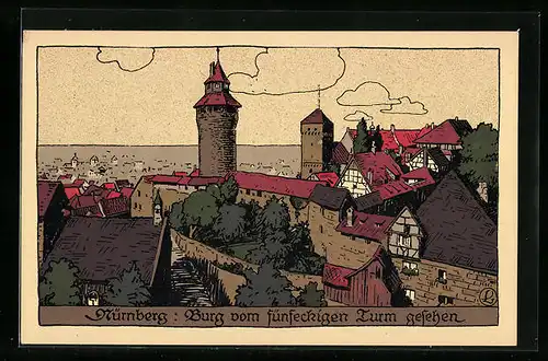 Steindruck-AK Nürnberg, Burg vom fünfeckigen Turm aus gesehen